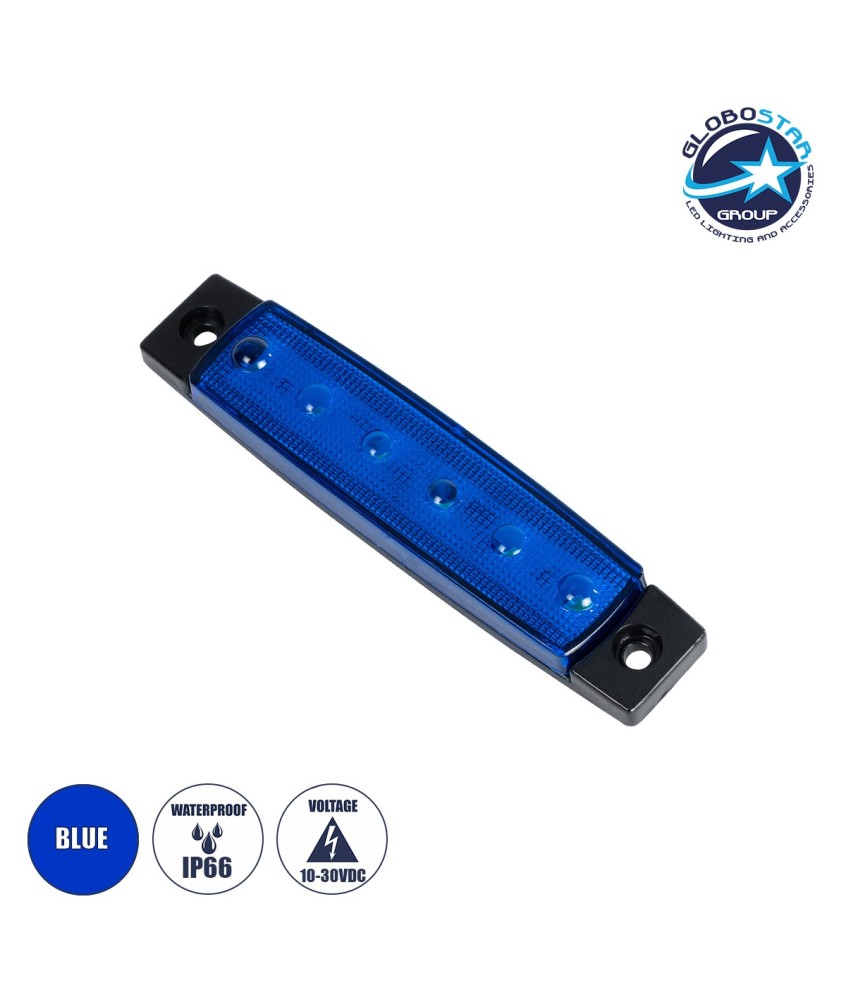 GloboStar® 79903 Πλευρικά Φώτα Όγκου Φορτηγών LED 6xSMD2835 DC 10-30V 1.5W 100lm IP66 Mπλε - Μ9.5 x W2 x H1.1cm